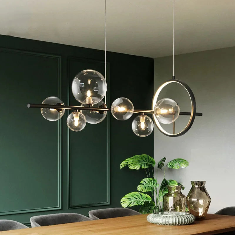 Moderne kreativ metal lysekrone belysning: 7/10 klare glasbobler, langt rundt design med G9 lys sokkel