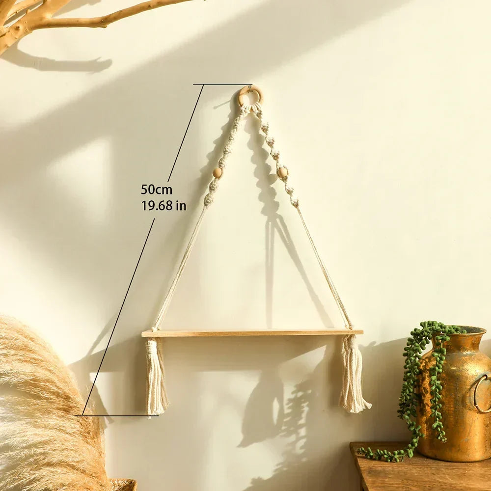 Væg hylde – Træ – Hængende hylder – Boho hjemmeindretning – Rumsdekoration