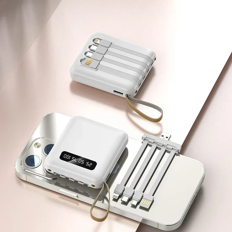 Mini Powerbank med Spejl Display | 20.000 mAh | Hurtigopladningsfunktion &amp; Integrerede Kabler | Til iPhone, Samsung, Xiaomi &amp; mere