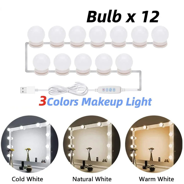 Glamora | LED Makeup Spejl Lys Sæt | 10 Hollywood-Stil Lamper | USB, Dæmpbar &amp; 3 Farvemode