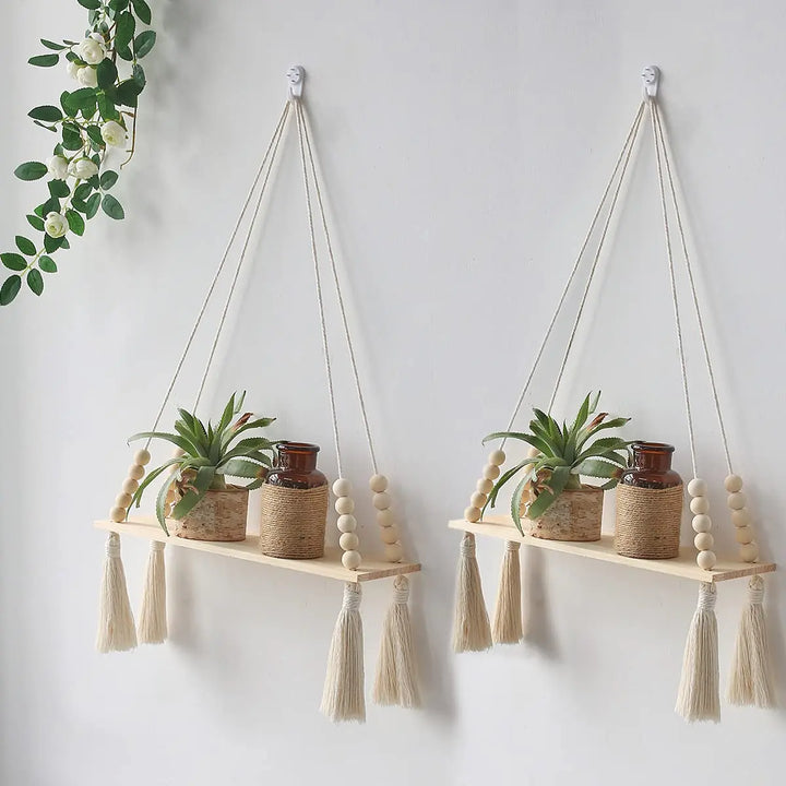 Væg hylde – Træ – Hængende hylder – Boho hjemmeindretning – Rumsdekoration