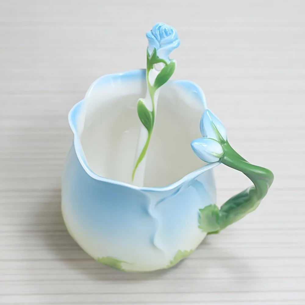 3D Rose Blomst Kaffe Krus Keramiske Kaffe Krus Søde Æstetiske Vandkopper med Ske Sommer Vinter Drikke Udstyr Valentines Day Gaver