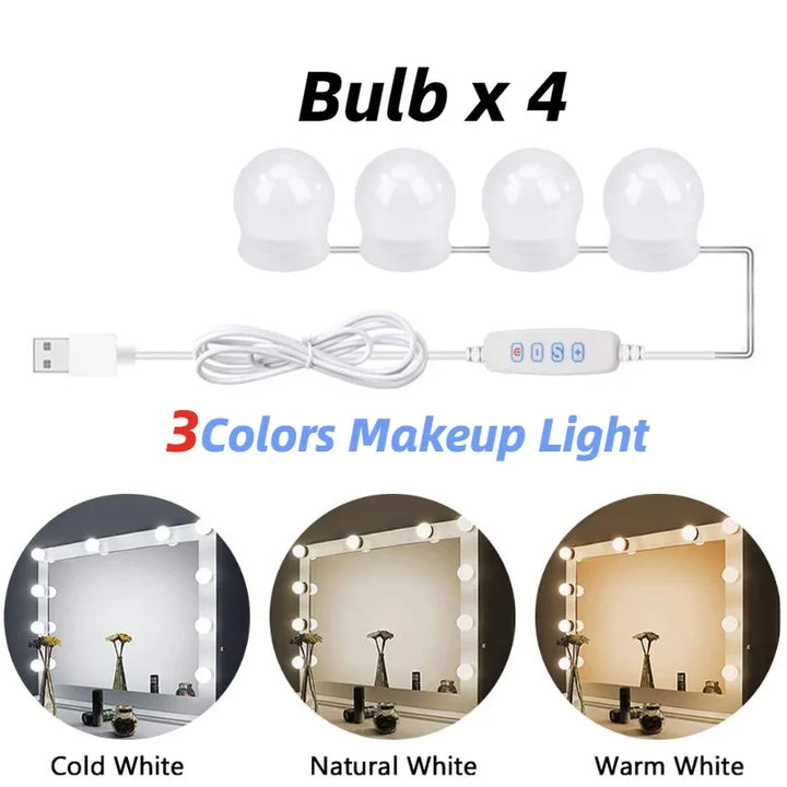 Glamora | LED Makeup Spejl Lys Sæt | 10 Hollywood-Stil Lamper | USB, Dæmpbar &amp; 3 Farvemode