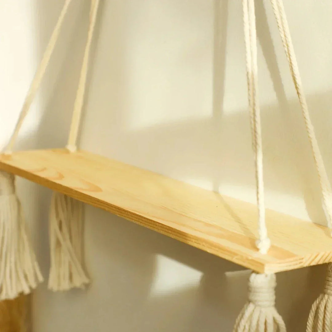 Væg hylde – Træ – Hængende hylder – Boho hjemmeindretning – Rumsdekoration