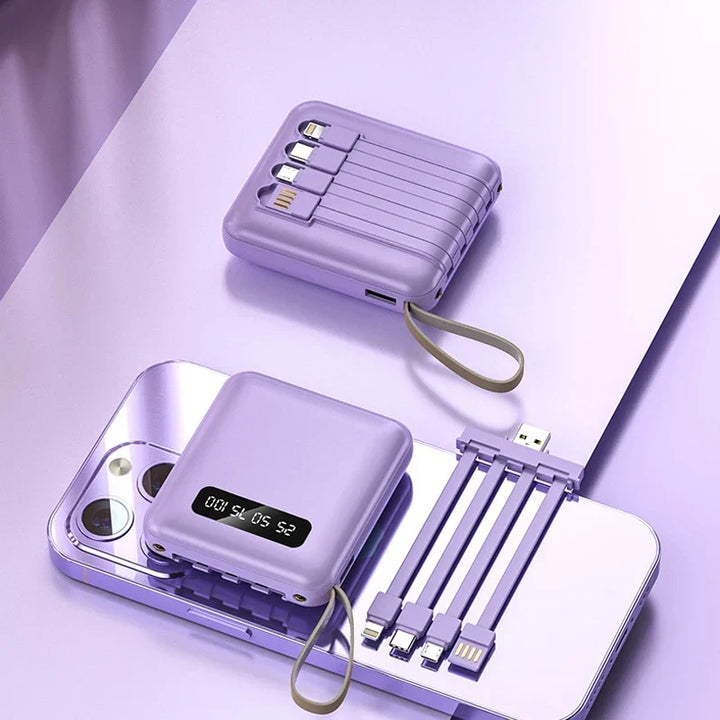 Mini Powerbank med Spejl Display | 20.000 mAh | Hurtigopladningsfunktion &amp; Integrerede Kabler | Til iPhone, Samsung, Xiaomi &amp; mere