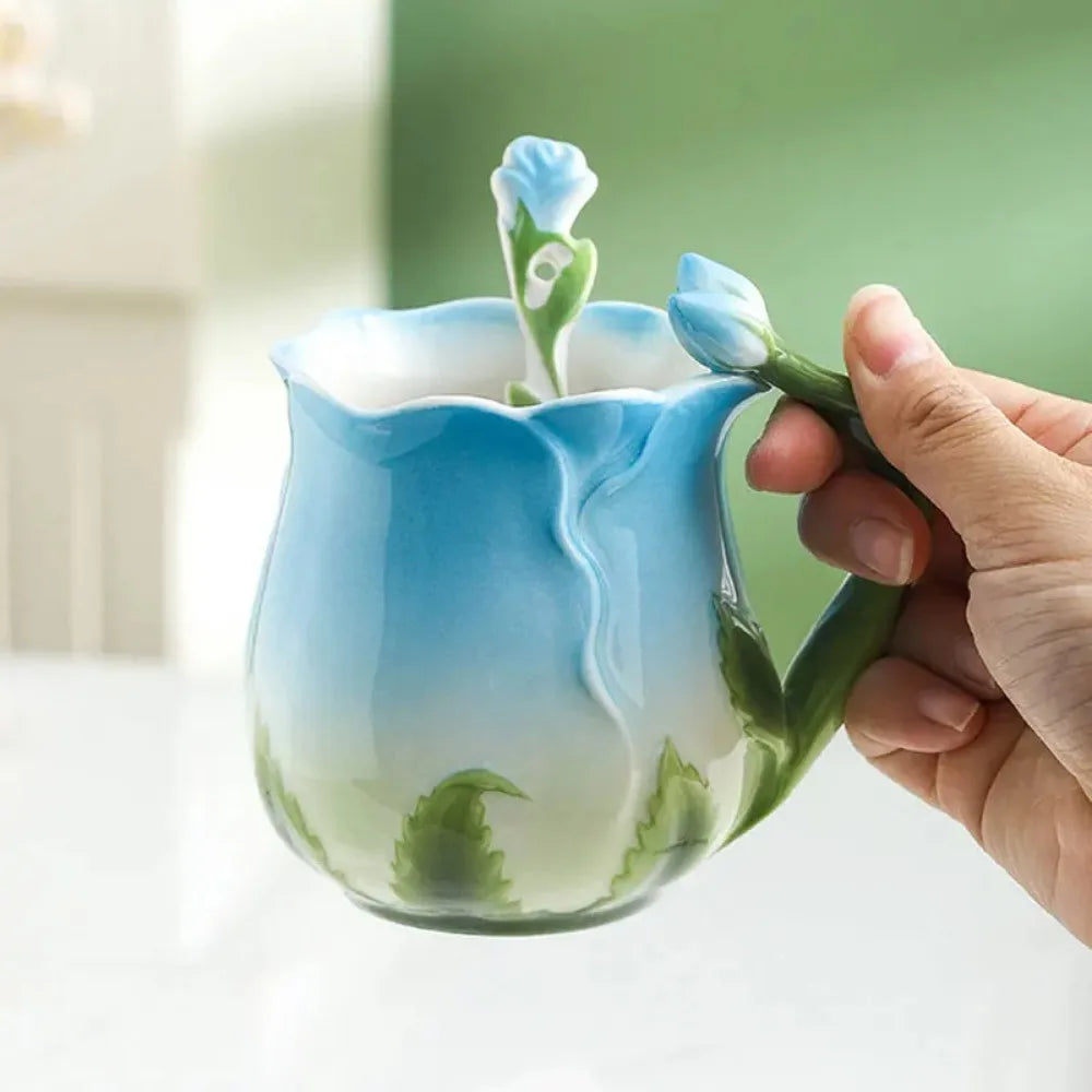3D Rose Blomst Kaffe Krus Keramiske Kaffe Krus Søde Æstetiske Vandkopper med Ske Sommer Vinter Drikke Udstyr Valentines Day Gaver
