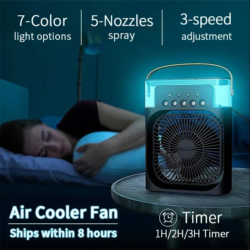 3-i-1 Mini Air Cooler Fan – Bærbar Husholdningsklimaanlæg med LED Natlys, Luftfugter og Justerbar Luft til Hjem &amp; Kontor |
