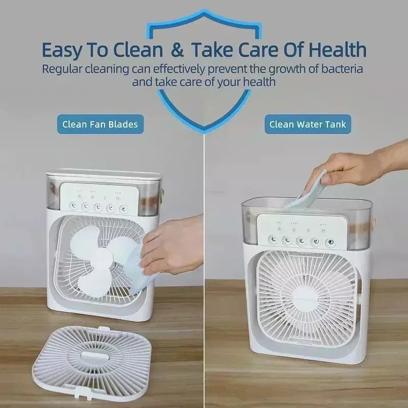 3-i-1 Mini Air Cooler Fan – Bærbar Husholdningsklimaanlæg med LED Natlys, Luftfugter og Justerbar Luft til Hjem &amp; Kontor |