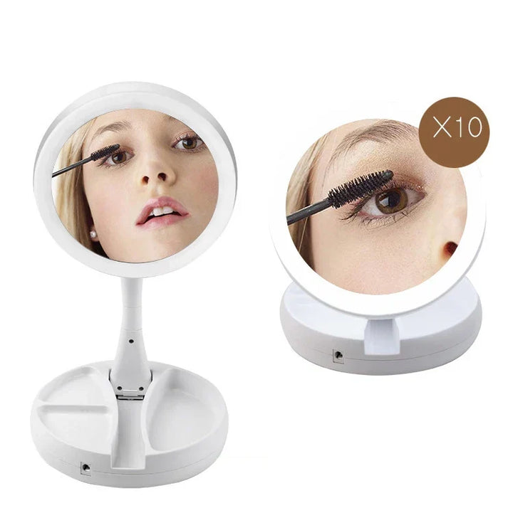Glamora Rejsemirror LED | Dobbelt-Sidet &amp; 10x Forstørrelse | Sammenklappelig &amp; Bærbar | Med Tilbehørsrum