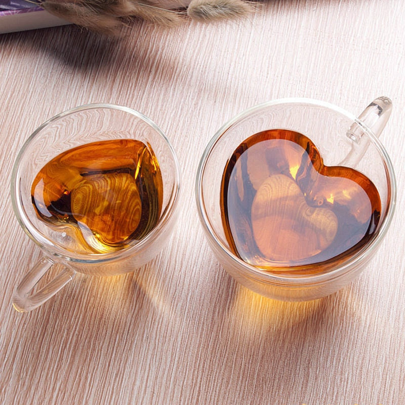 Hjerteformet Glas Krus Dobbeltvægget Kaffe Kopper Isolerede Te Mælk Citronsaft Vand Kop Varmebestandigt Drikkevare Gave til Elskere
