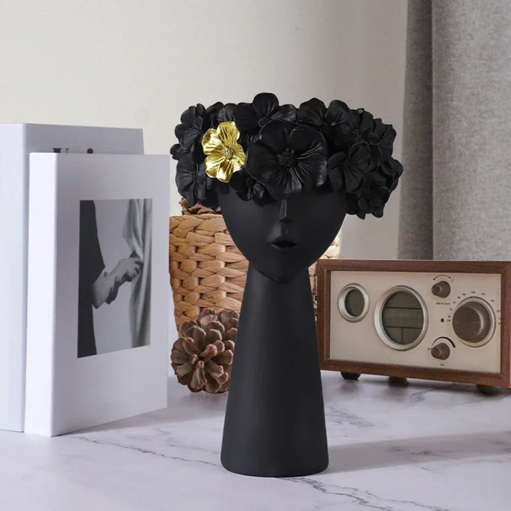 Nordisk Pige Hoved Blomst Harpiks Vase Statue Blomster Blomster Vaser til Kontor Desktop Tørrede Blomster Ornamenter Dekorationsbeholder