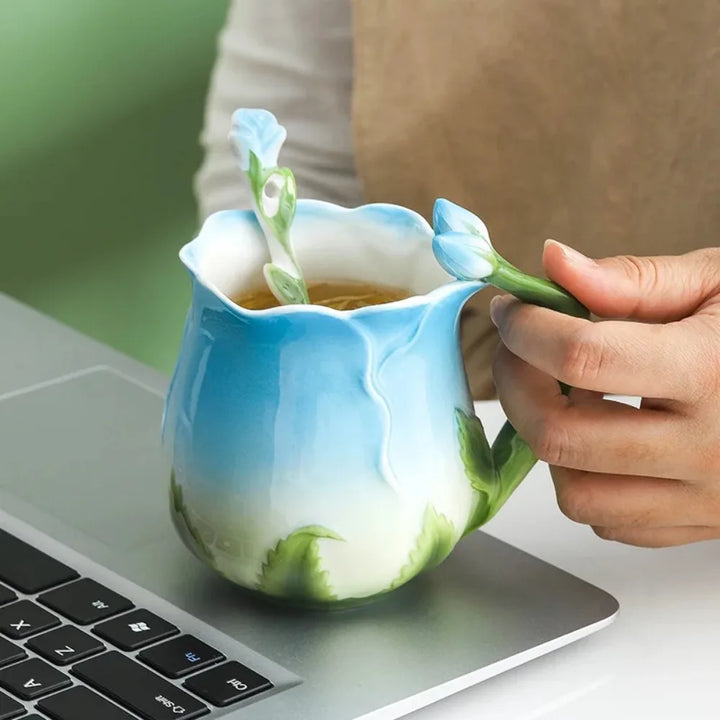 3D Rose Blomst Kaffe Krus Keramiske Kaffe Krus Søde Æstetiske Vandkopper med Ske Sommer Vinter Drikke Udstyr Valentines Day Gaver