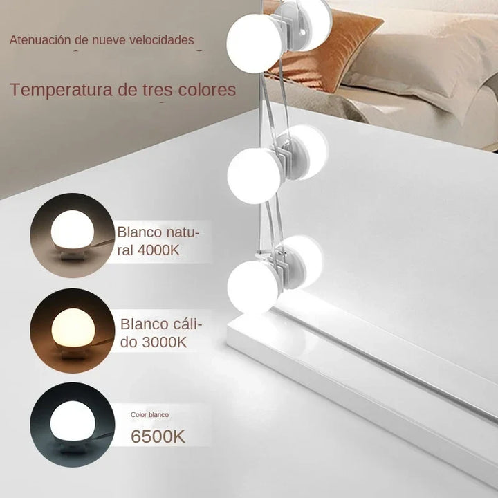Glamora | LED Makeup Spejl Lys Sæt | 10 Hollywood-Stil Lamper | USB, Dæmpbar &amp; 3 Farvemode