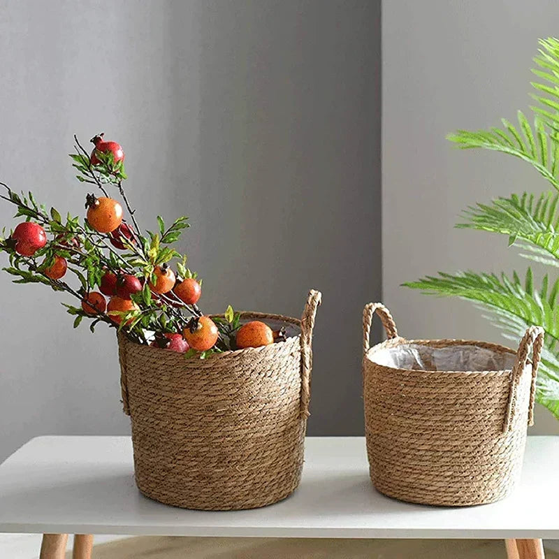 Nordisk Ekstra Stor Strå Blomsterkrukke Tang Opbevaringskurv Potte Grøn Plante Blomsterkurv Håndvævet Gulv Indendørs Blomsterkrukke