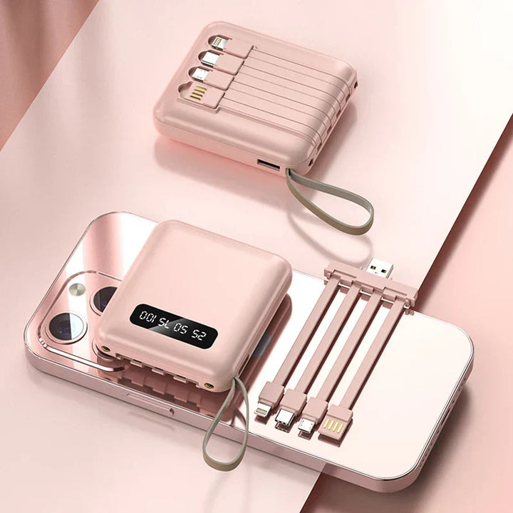 Mini Powerbank med Spejl Display | 20.000 mAh | Hurtigopladningsfunktion &amp; Integrerede Kabler | Til iPhone, Samsung, Xiaomi &amp; mere