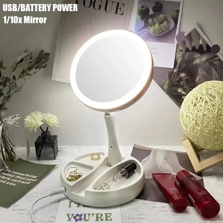 Glamora Rejsemirror LED | Dobbelt-Sidet &amp; 10x Forstørrelse | Sammenklappelig &amp; Bærbar | Med Tilbehørsrum