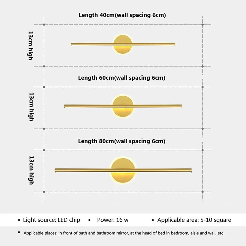 LED Væglampe LineaLux | Sort &amp; Guld | 40/60/80 cm | Varm, Kold &amp; Tre-farvet Lys | Moderne Spejl &amp; Vægbelysning