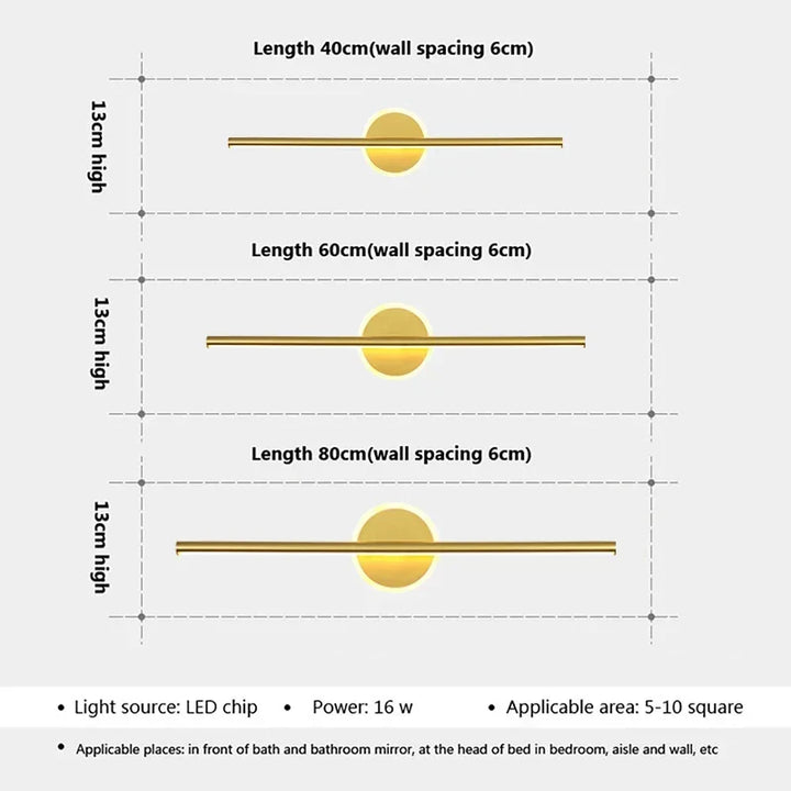 LED Væglampe LineaLux | Sort &amp; Guld | 40/60/80 cm | Varm, Kold &amp; Tre-farvet Lys | Moderne Spejl &amp; Vægbelysning