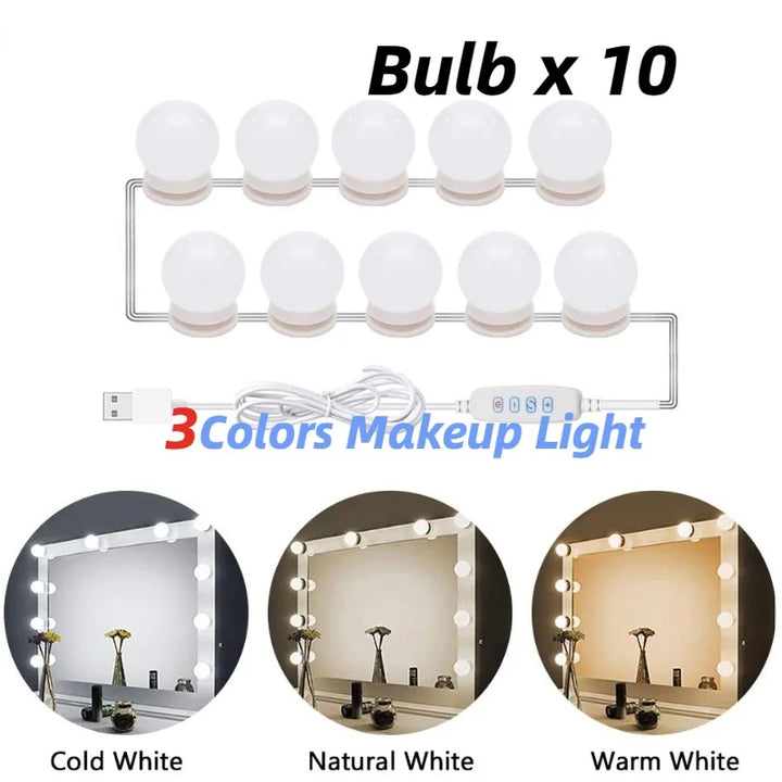 Glamora | LED Makeup Spejl Lys Sæt | 10 Hollywood-Stil Lamper | USB, Dæmpbar &amp; 3 Farvemode