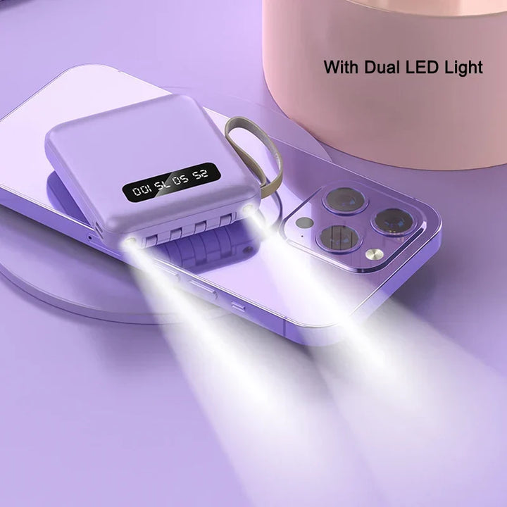 Mini Powerbank med Spejl Display | 20.000 mAh | Hurtigopladningsfunktion &amp; Integrerede Kabler | Til iPhone, Samsung, Xiaomi &amp; mere