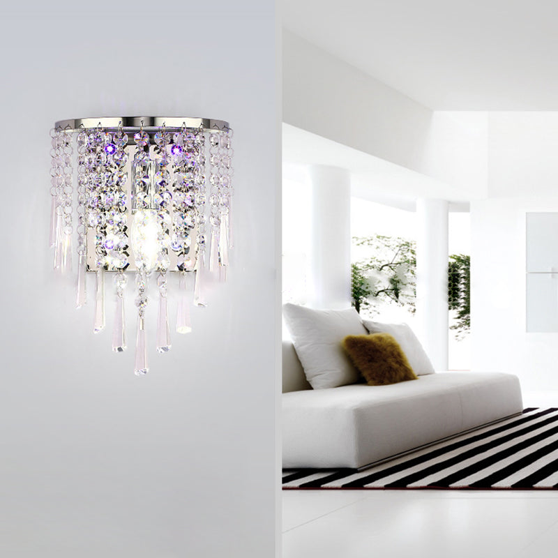 Moderne luksus semi-rund oktagonal perle rustfrit stål krystal 1-lys væglampe til stuen