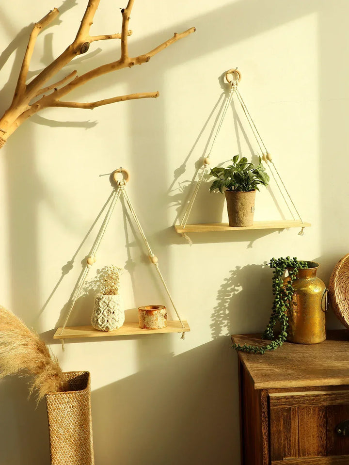 Væg hylde – Træ – Hængende hylder – Boho hjemmeindretning – Rumsdekoration