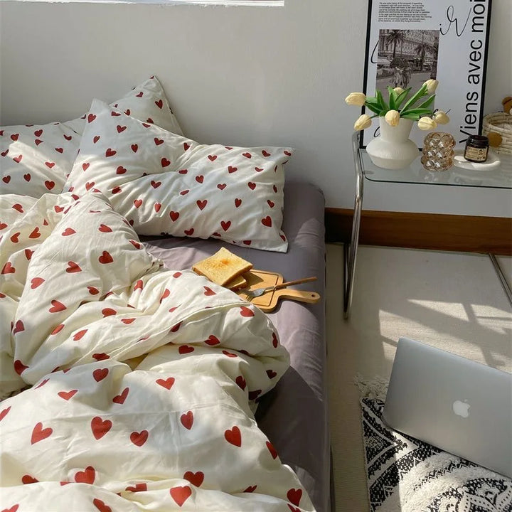 CozyLove | Twin, Full &amp; Queen Dyne Betræk Sæt – Blødt Koreansk-inspireret Sengetøj med Hjerte Design