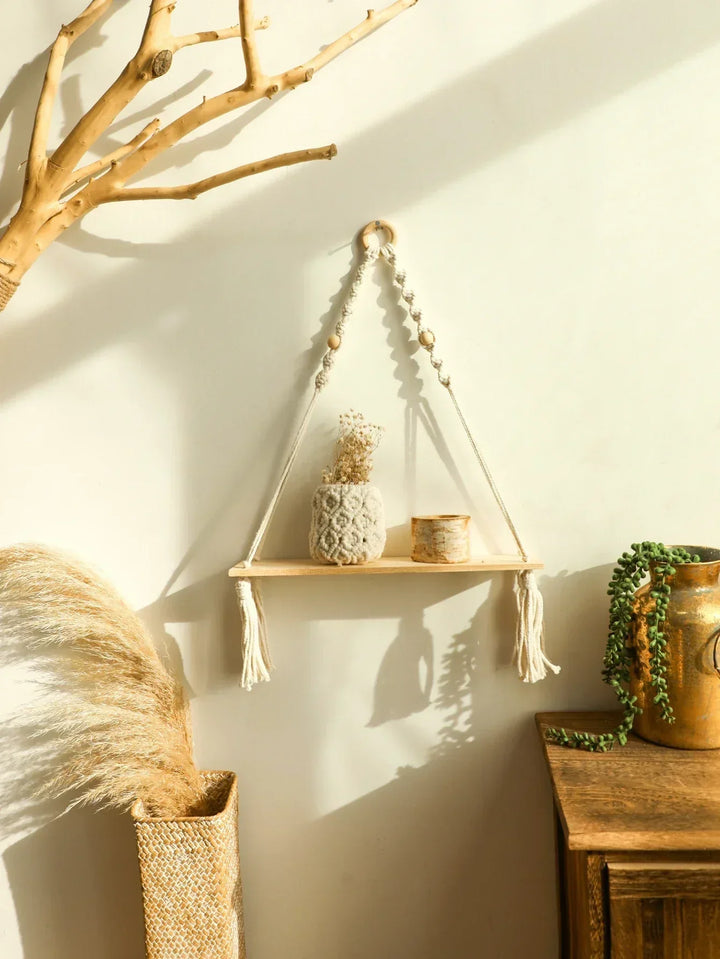 Væg hylde – Træ – Hængende hylder – Boho hjemmeindretning – Rumsdekoration