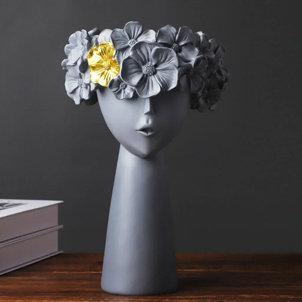 Nordisk Pige Hoved Blomst Harpiks Vase Statue Blomster Blomster Vaser til Kontor Desktop Tørrede Blomster Ornamenter Dekorationsbeholder