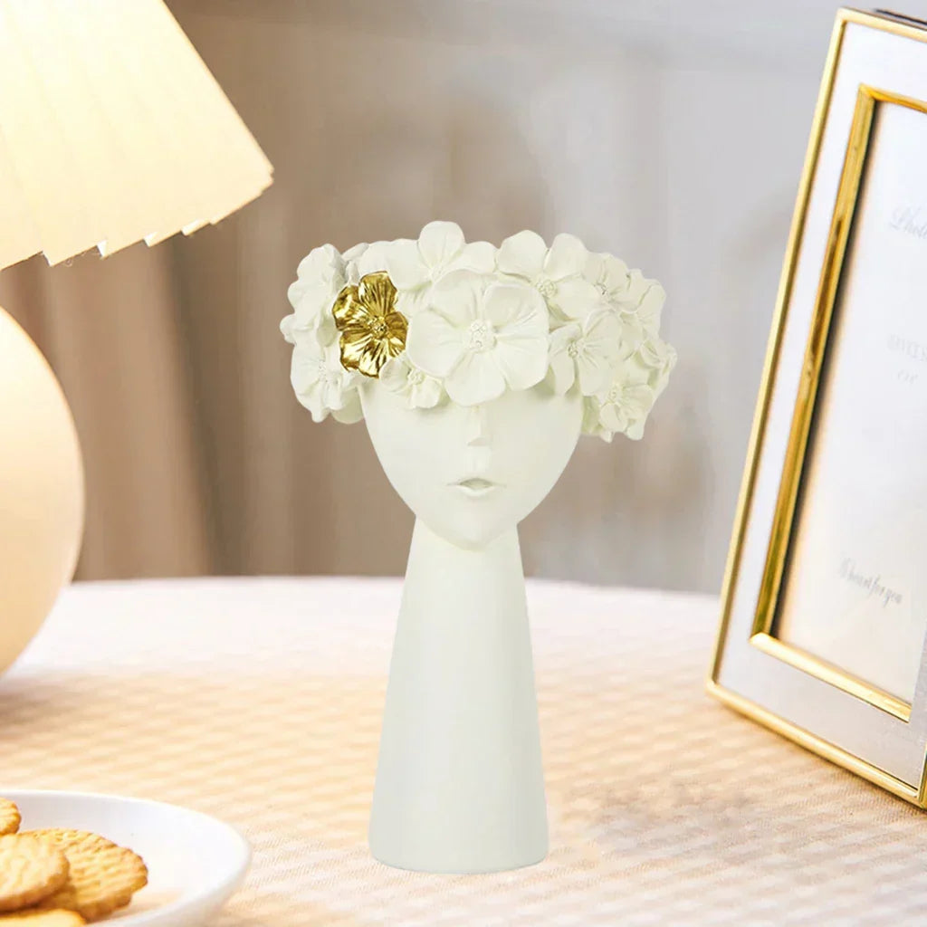 Nordisk Pige Hoved Blomst Harpiks Vase Statue Blomster Vaser til Kontor Desktop Tørrede Blomster Ornamenter Dekorationsbeholder