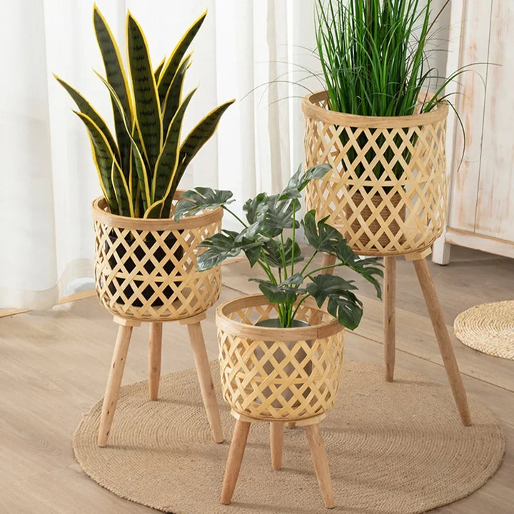 Håndlavet Bambus Vævet Blomsterkrukke med Stativ Plante Blomst Udstilling Opbevaringsstativ DIY Opbevaring Børns Plantekrukker Hjemmedekor