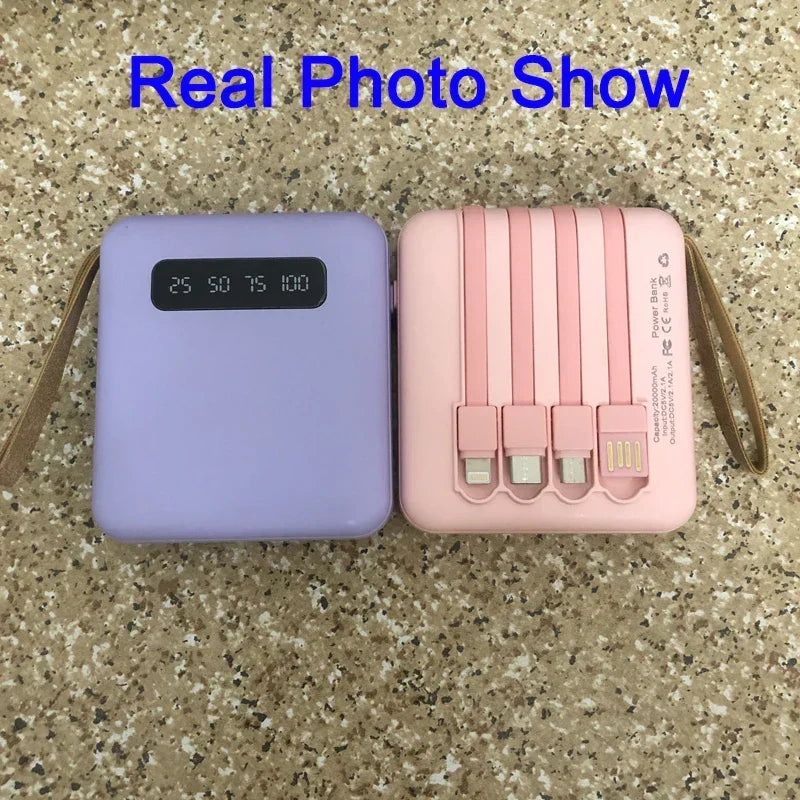 Mini Powerbank med Spejl Display | 20.000 mAh | Hurtigopladningsfunktion &amp; Integrerede Kabler | Til iPhone, Samsung, Xiaomi &amp; mere