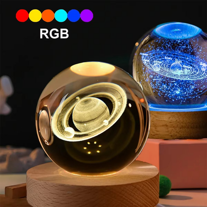 2.36 tommer RGB Krystal Kugle Nattelys med Mælkevej og Måne - Kosmos-Inspireret Natbord Dekoration
