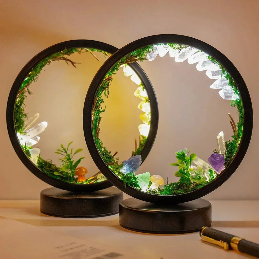 Elegant natlampe - Rund ramme - Grønne krystaller - Chic dekoration
