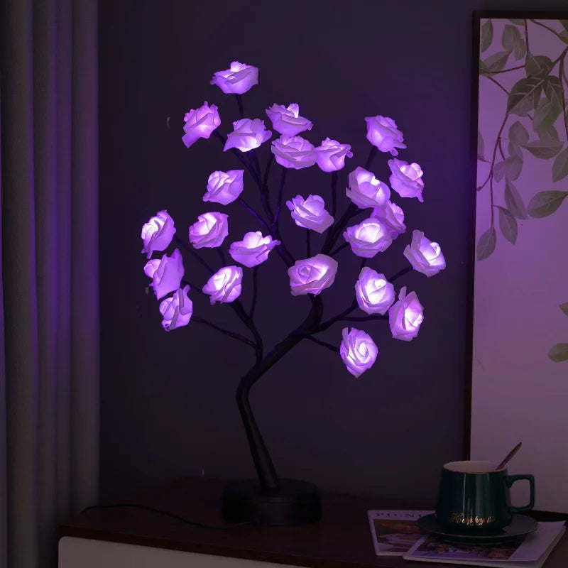 RGB Rose Blomst Træ Lys 24LED USB Batteri Bordlampe Fe Natlys Hjem Fest Jul Bryllup Soveværelse Dekoration Gave