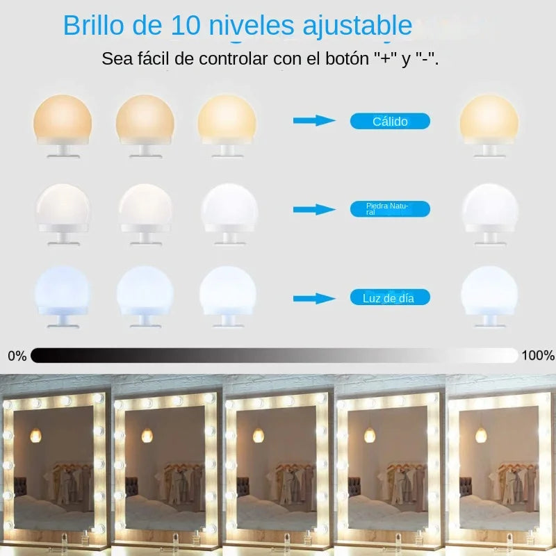 Glamora | LED Makeup Spejl Lys Sæt | 10 Hollywood-Stil Lamper | USB, Dæmpbar &amp; 3 Farvemode