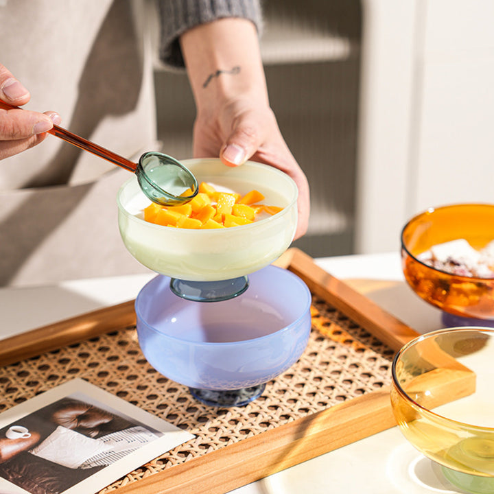 farverig borosilikat dessertskål med ske