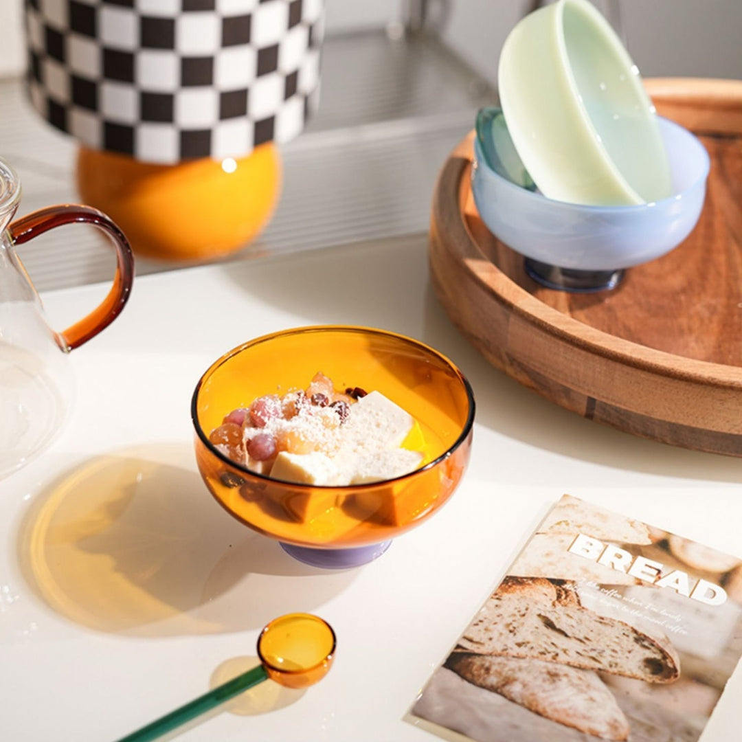 farverig borosilikat dessertskål med ske