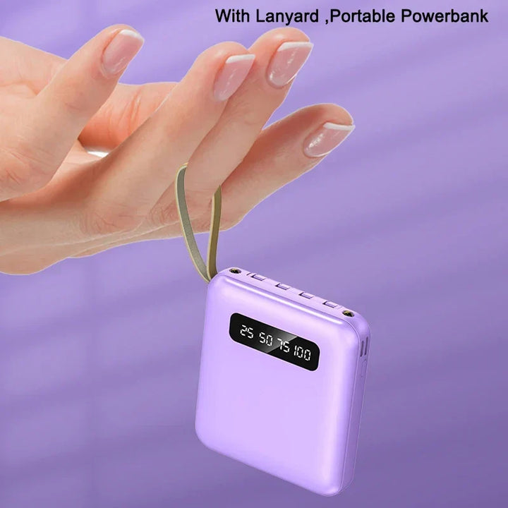 Mini Powerbank med Spejl Display | 20.000 mAh | Hurtigopladningsfunktion &amp; Integrerede Kabler | Til iPhone, Samsung, Xiaomi &amp; mere