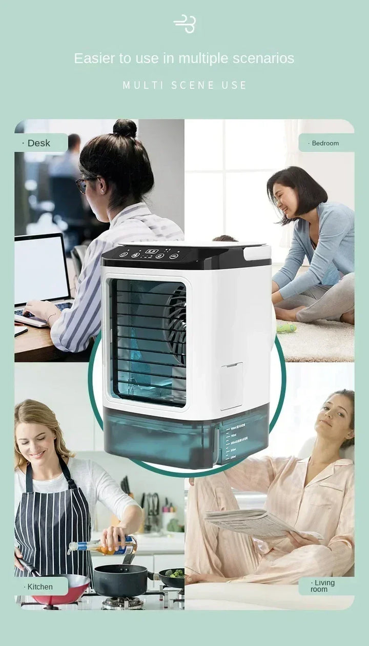Bærbar Desktop Aircondition Fan – Dobbelt Spray Ultrasonisk Luftfugter, 3-Trins Stille Luftkøler med Nattelys til Hjemmet |