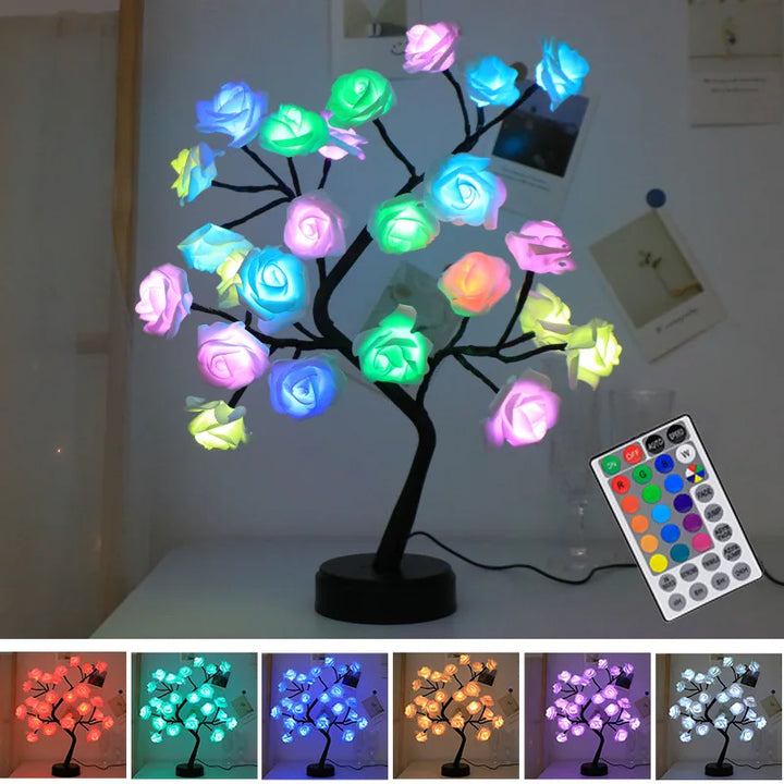 RGB Rose Blomst Træ Lys 24LED USB Batteri Bordlampe Fe Natlys Hjem Fest Jul Bryllup Soveværelse Dekoration Gave