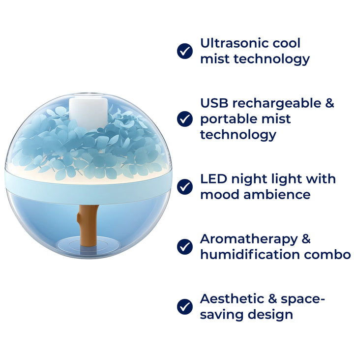 SereniGlow | Æterisk Oliediffuser Luftfugter – Ultrasonisk Kold tåge – USB-opladelig – LED Natlys til Soveværelse &amp; Børneværelse