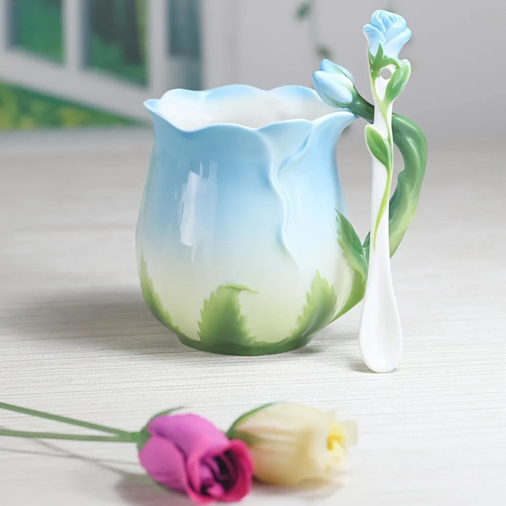 3D Rose Blomst Kaffe Krus Keramiske Kaffe Krus Søde Æstetiske Vandkopper med Ske Sommer Vinter Drikke Udstyr Valentines Day Gaver