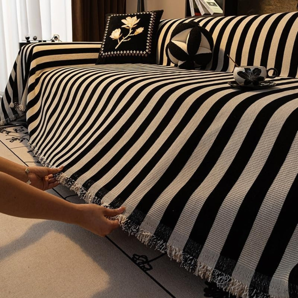 Stribet Chenille Sort Hvid Sofa Dække