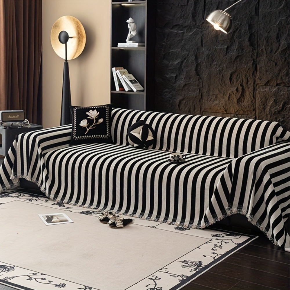 Stribet Chenille Sort Hvid Sofa Dække
