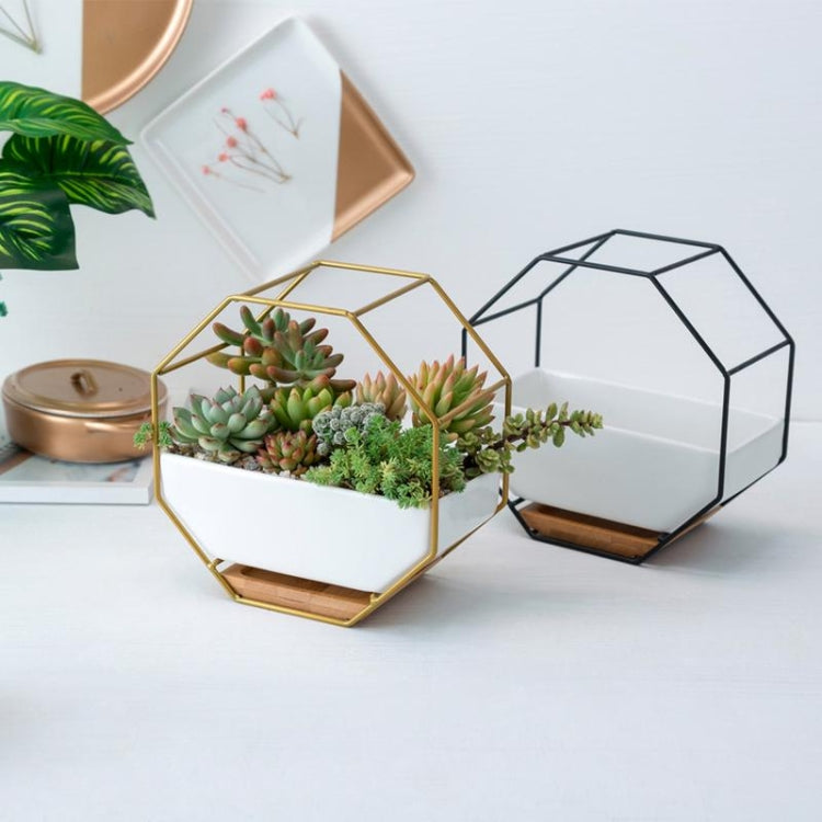 Simpel octagonal geometrisk vægmonteret bordplade til sukkulenter med bambusstøtte og jernramme (Guld)