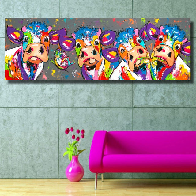 farverige Køer Hjem Deko Lærred Maleri HD Print Uden Ramme, Størrelse: 40×120cm