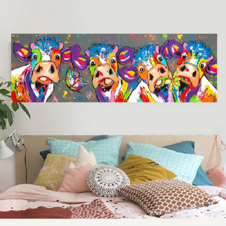 farverige Køer Hjem Deko Lærred Maleri HD Print Uden Ramme, Størrelse: 40×120cm