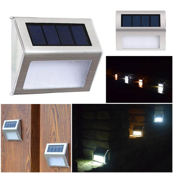 2PCS Solcelle Rustfrit Stål 3 LED Trappe Væglampe Udendørs Have Hegn Lys (Hvidt Lys)