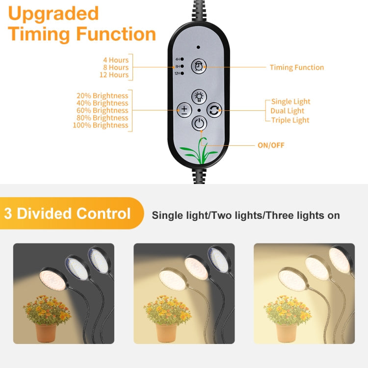LED Plantevækstlamper USB Fjernbetjening Klemme Vandtæt Fuldt Spektrum Naturligt Hvidt Spireplante Lys, Effekt: 60W Fire Hoveder